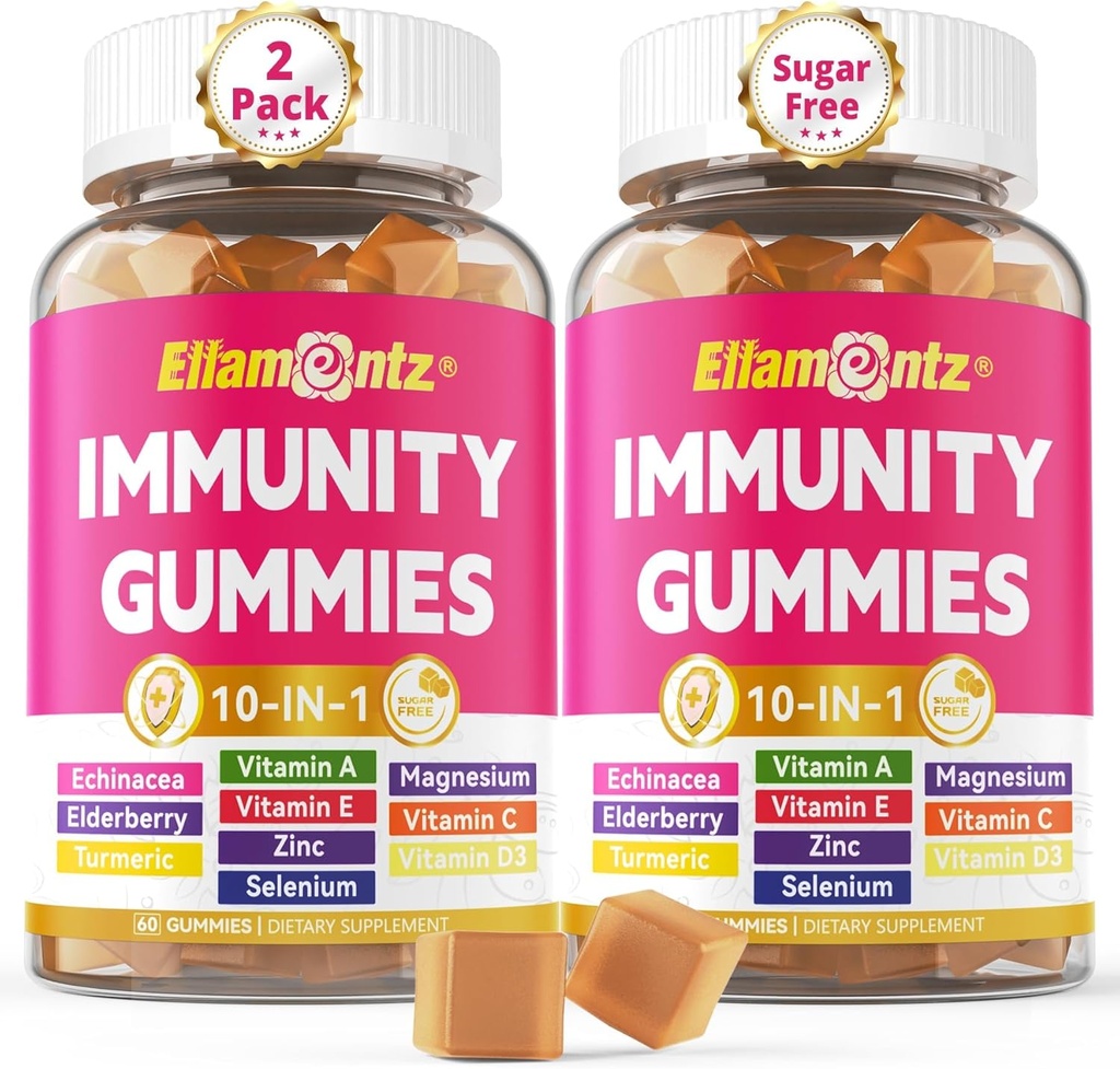 10-In-1 Immune Gummies with Multivitamins, 100% Daily Zinc, Vitamin C & D3 Immunity Supplement + Echinacea, Sambucus Elderberry, Turmeric, Magnesium, Immune Support, Overall Health, Sugar Free, 2 Pack
