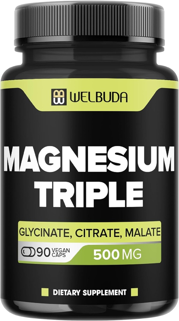 20% Purified Magnesium Triple Complex - 500mg of Magnesium Glycinate, Malate & Citrate for Muscles, Comfortable Mood, and Energy Production - 90 Capsules - Providing 100mg Elemental Triple Magnesium