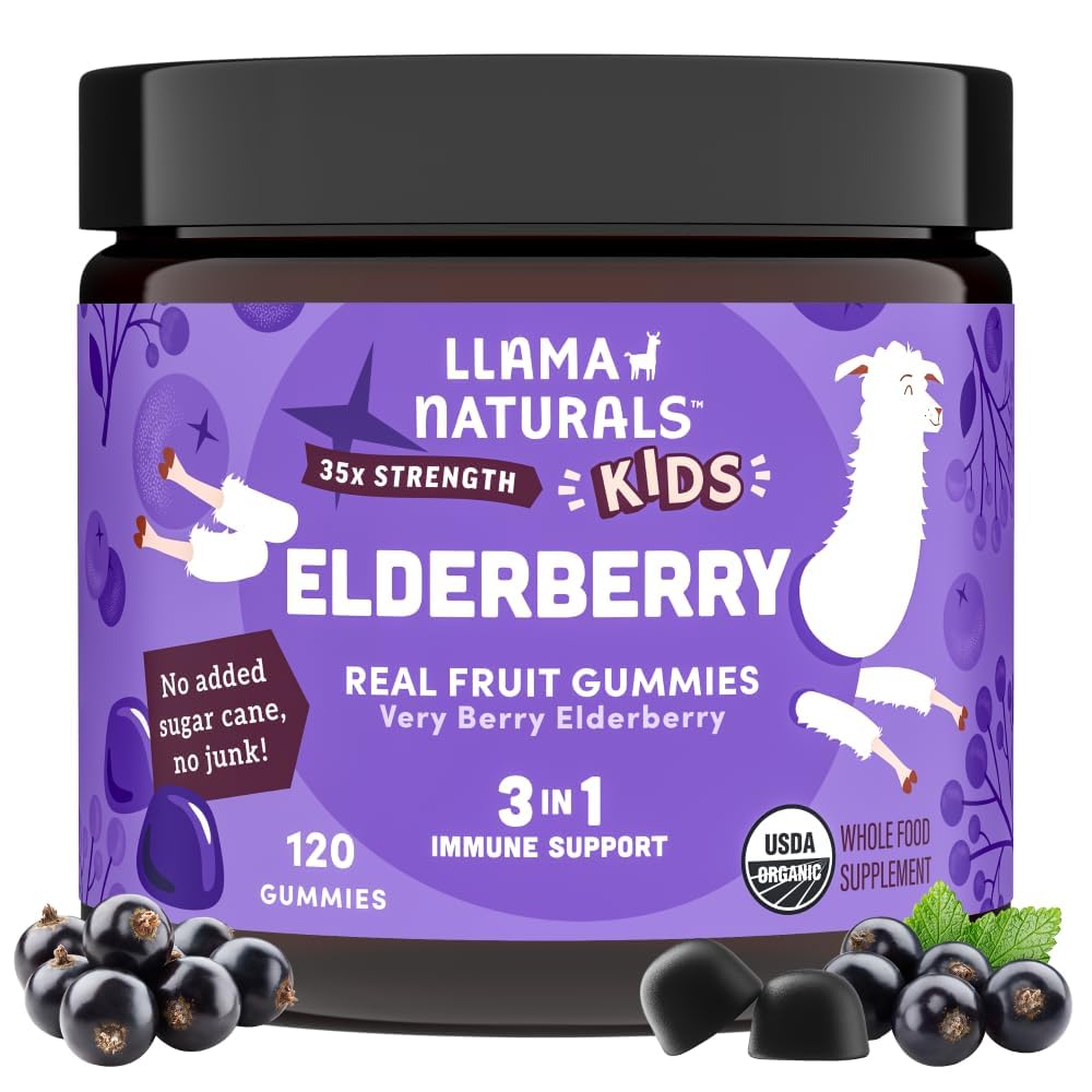 Llama Naturals Gummies Elderberry για τα παιδιά, Vegan, συμπλήρωμα οργανικής ανοσοποιητικής υποστήριξης με βιταμίνη C και ψευδάργυρο, Τοντλερ Real Fruit Gummy Βιταμίνες για Ανοσία, Μασώμενα, Όχι Προστιθέμενο ζαχαροκάλαμο, 120 Ct