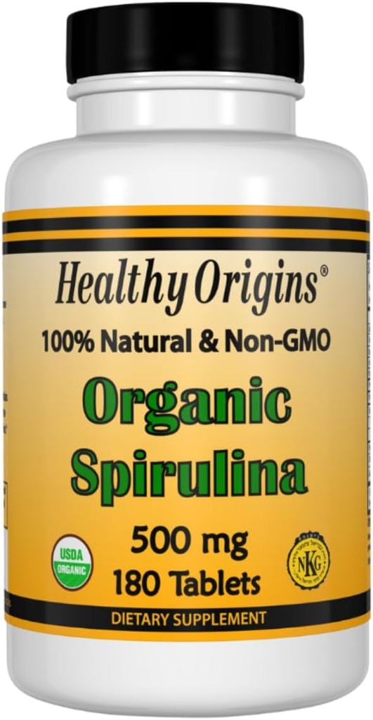Healthy Origins Spirulina, 500 mg (Οργανικό) - Βιολογικό δισκίο Spirulina με Βιταμίνη Α & Βιταμίνη Β12 - Kosher Certified - Vegan, Non- GMO, και Gluten-free Spirulina Pill - 180 δισκία