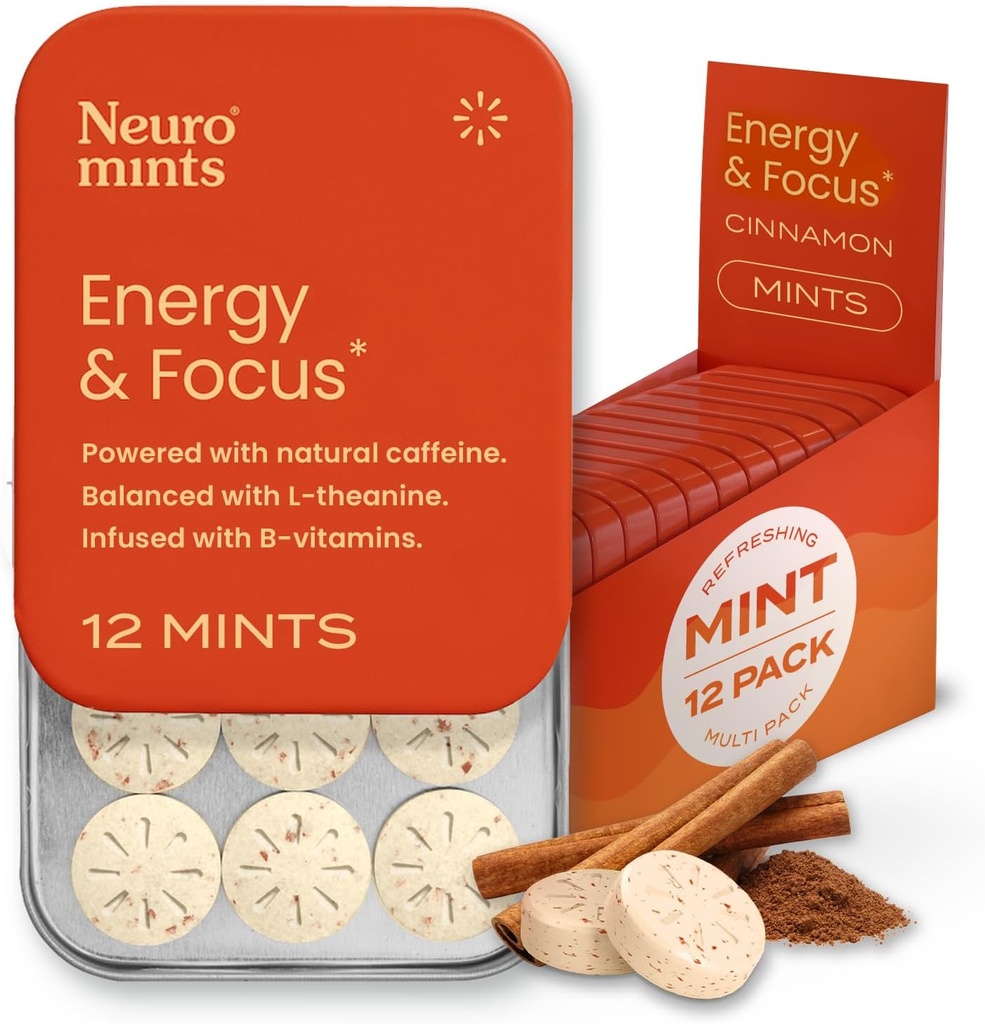 NeuroGum Energy Caffeine Mints (144 Τεμάχια) - Ζάχαρη Χωρίς με L-θεανίνη + Φυσική καφεΐνη + Βιταμίνη Β12 & Β6 - Nootropic Energy & Focus Supplement for Women & Men - Keto & Vegan, Cinnamon Flavor
