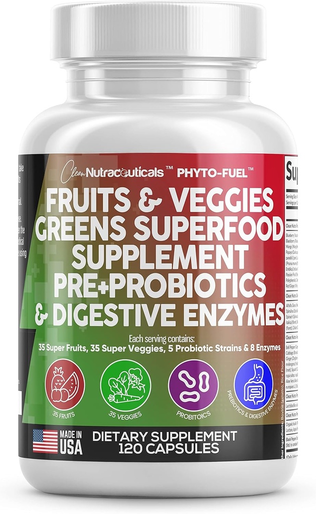 Clean Nutraceuticals Fruits and Veggies Supplement Reds & Green Superfood - Ισορροπία των 70 Συμπληρωμάτων Φρούτων & λαχανικών Κάψουλες με Προβιοτικά Prebiotics Digestive Enzymes - 120 Ct USA