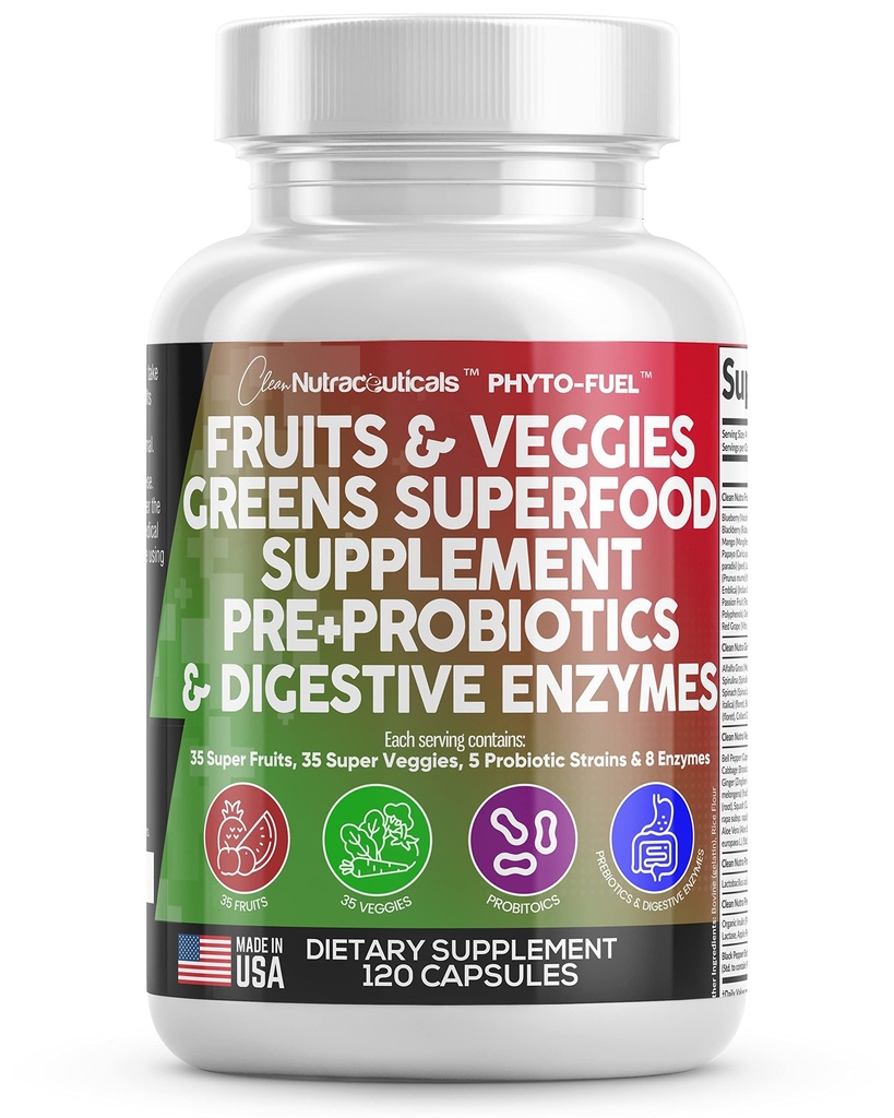 Clean Nutraceuticals Fruits and Veggies Supplement Reds & Green Superfood - Ισορροπία των 70 Συμπληρωμάτων Φρούτων & λαχανικών Κάψουλες με Προβιοτικά Prebiotics Digestive Enzymes - 120 Ct USA