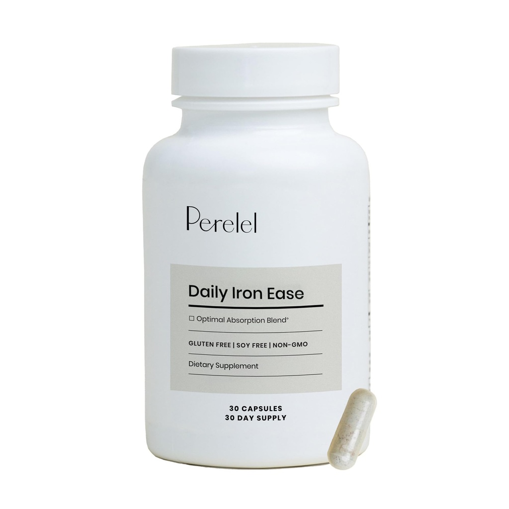 Perelel καθημερινή Iron Ease, 15MG συμπληρώματα σιδήρου με μαγνήσιο, βιταμίνη C, & βιταμίνη B12 για θρεπτικά συστατικά & ενεργειακή υποστήριξη, κάψουλες για γυναίκες και άνδρες, σόγια, γαλακτοκομικά και χωρίς γλουτένη, μη GMO, 30 χάπια