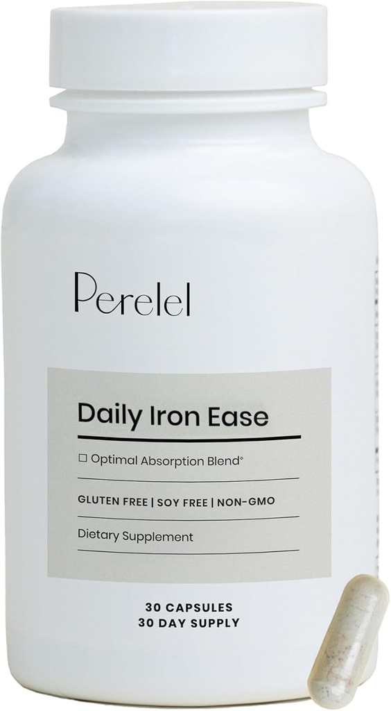 Perelel καθημερινή Iron Ease, 15MG συμπληρώματα σιδήρου με μαγνήσιο, βιταμίνη C, & βιταμίνη B12 για θρεπτικά συστατικά & ενεργειακή υποστήριξη, κάψουλες για γυναίκες και άνδρες, σόγια, γαλακτοκομικά και χωρίς γλουτένη, μη GMO, 30 χάπια