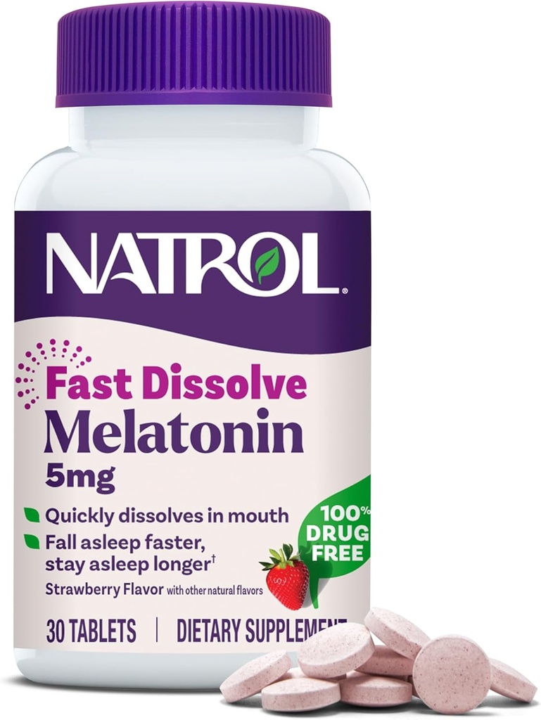 Natrol Fast Dissolve Melatonin 5 mg, Συμπληρώματα μελατονίνης για Ξεκούραστο Ύπνο, Υποστήριξη ύπνου για Ενήλικες, 30 φράουλα-Flavored δισκία, Μέχρι 30 ημέρες προσφοράς