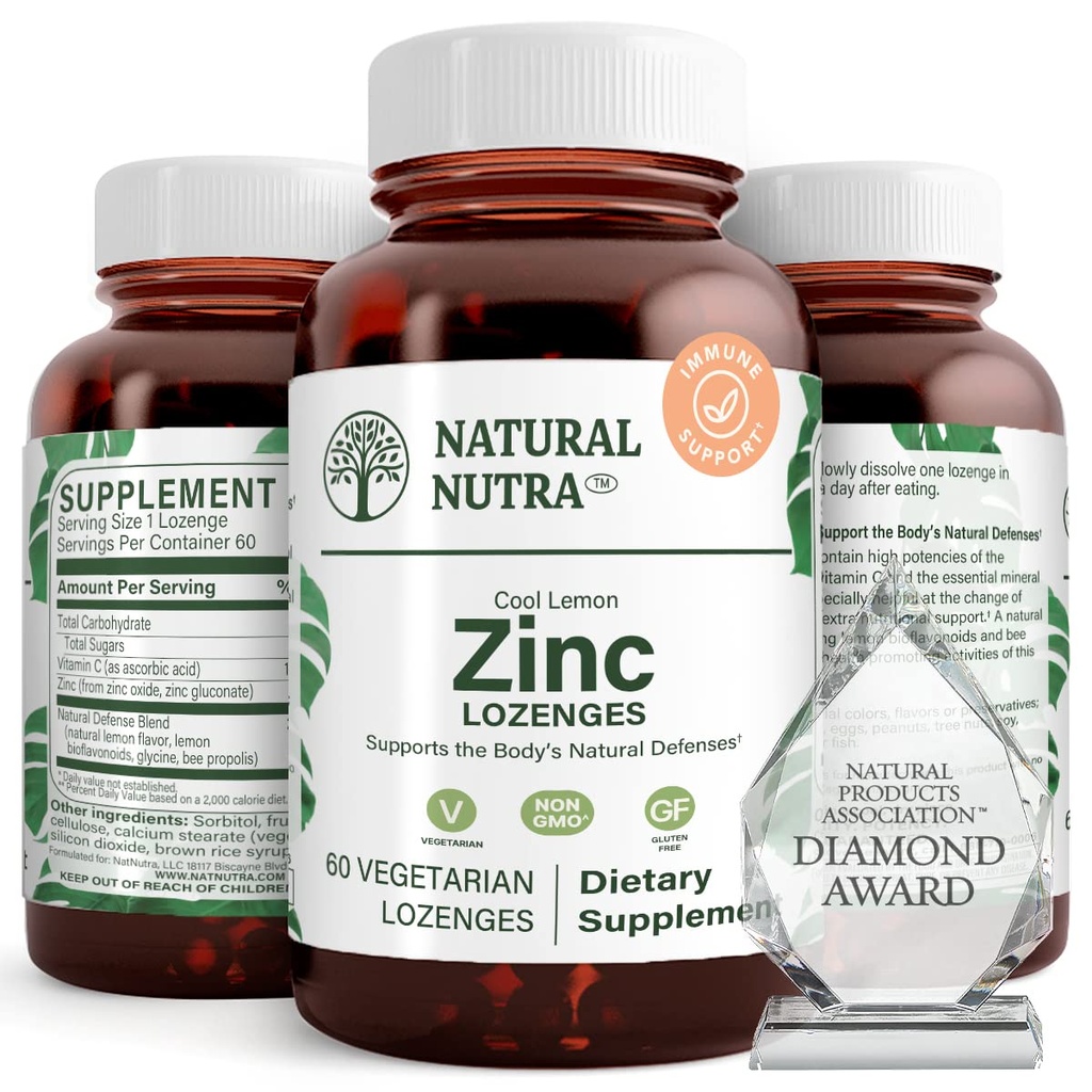 Φυσικός ψευδάργυρος Nutra Lozenges με βιταμίνη C, άρωμα λεμόνι, υποστήριξη ανοσοποιητικό, νευρικό σύστημα & δύναμη των οστών, Ενισχυμένος με Bioflavonoids και Bee Propolis, Υπογλώσσιο γλυκονικό ψευδάργυρο, 60 χορτοφάγους