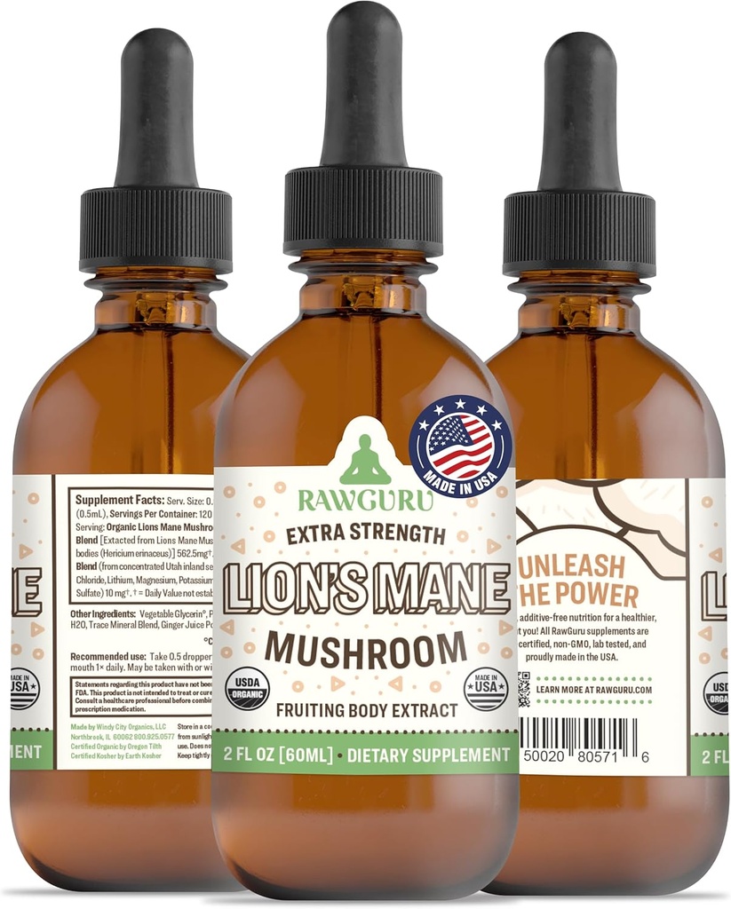 RawGuru Lion's Mushroom Tincture - Vegan Lion's Mane Extract with Trace Minerals - Nano-Processed Immunity Boost & Cognitive Supplement - 120 Servings Vegan Drops ανά 60 ml, Συσκευασία 1