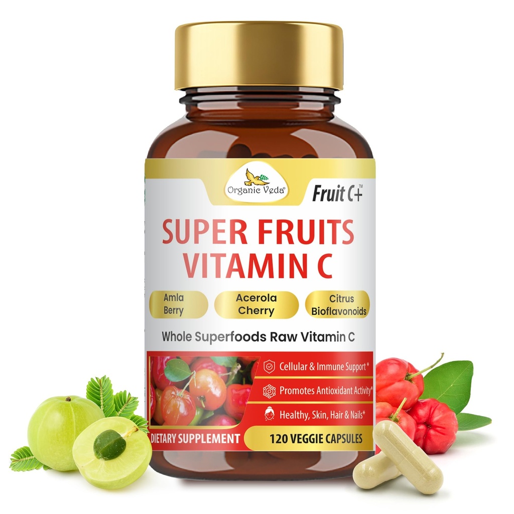 Βιολογικό Veda Superfruits Κάψουλα βιταμίνης C με Acerola Cherry & Amla Berry - Συμπληρώματα Φυσικής Βιταμίνης C με Εσπεριδοειδή Βιοφλαβονοειδή για Ανοσία, Κυτταρικό & Δέρμα Υγεία - 120 Vegan Χάπια