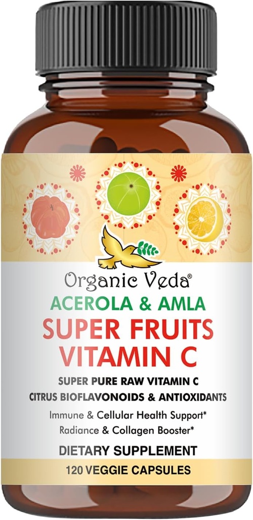 Βιολογικό Veda Superfruits Κάψουλα βιταμίνης C με Acerola Cherry & Amla Berry - Συμπληρώματα Φυσικής Βιταμίνης C με Εσπεριδοειδή Βιοφλαβονοειδή για Ανοσία, Κυτταρικό & Δέρμα Υγεία - 120 Vegan Χάπια