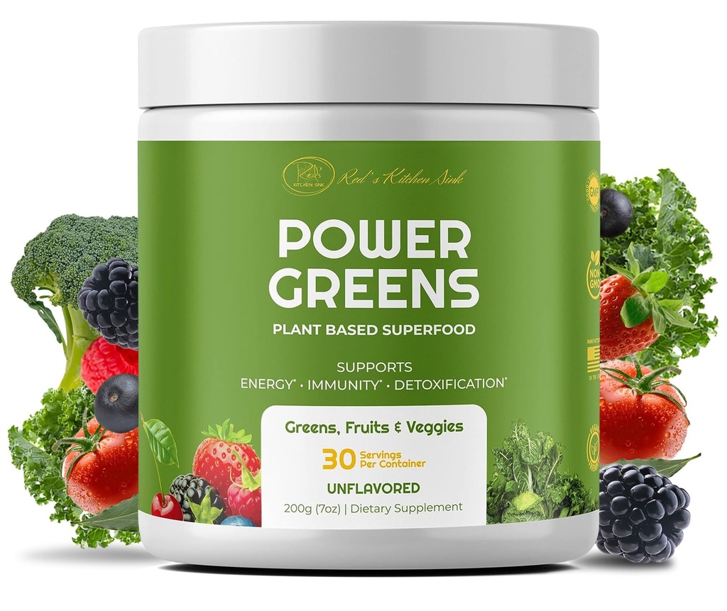 Red's Kitchen Sink Power Greens Powder - Daily Greens Superfood Powder - Fruity, Veggie, & Green Leafy Smoothie Drink Mix - Superfoods Maca Root, Spirulina, Chlorella, & More (200 Grams)