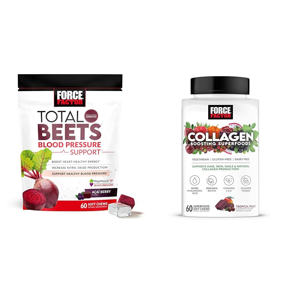 Force Factor Total Beets Blood Pressure Support 60 Chews and Collagen Booting Superfoods 60 Μαλακά μάσημα για την υγεία της καρδιάς, το δέρμα, τα μαλλιά και τα νύχια