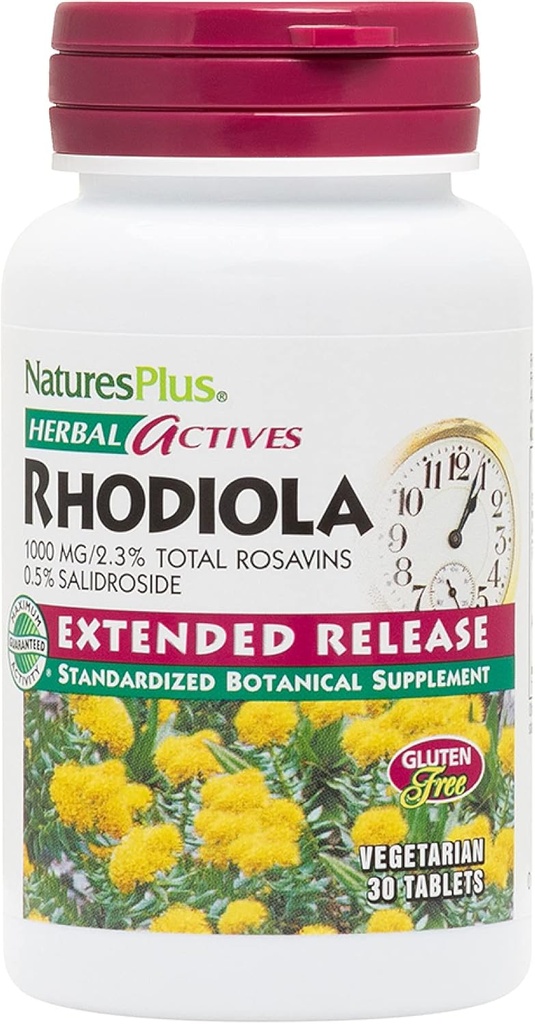 Natures Plus Rhodiola, Extended Release - 1000 mg, 30 Vegan Tablets - Βότανο συμπλήρωμα για την ενέργεια, Focus & Stress Relief - χορτοφαγική, χωρίς γλουτένη - 30 Σερβιέτες