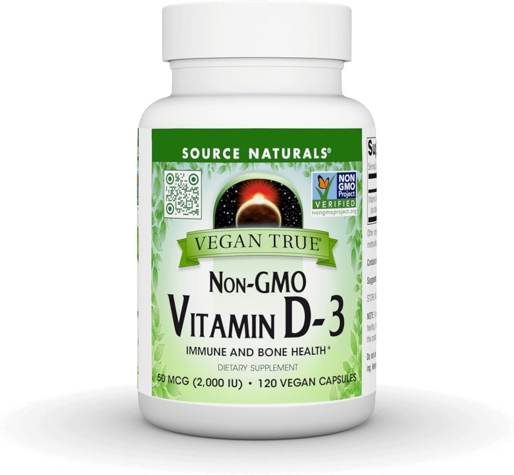 Source Naturals Vegan True, Μη ΓΤΟ Βιταμίνη D-3, Συμπλήρωμα διατροφής για την Ανοσολογική και Οστική Υγεία*, 2.000 IU - 90 Κάψουλες