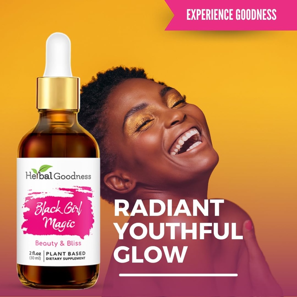 Βότανο Goodness Μαύρο κορίτσι μαγεία - συμπληρώματα δέρματος για τις γυναίκες, Radiant υποστήριξη ομορφιάς του δέρματος, Ουσιαστικό φαγητό του δέρματος, Ashwagandha συμπληρώματα - 1 μπουκάλι (2 fl oz)