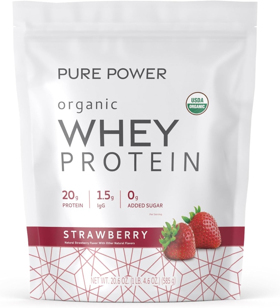Dr. Mercola Pure Power Organic Whey Protein - 20 g Πρωτεΐνη - Υποστηρίζει την ανάπτυξη των μυών & την ενέργεια - Grass-Fed Whey Concent - 15 εξυπηρετούν (20.60 oz) - Φράουλα