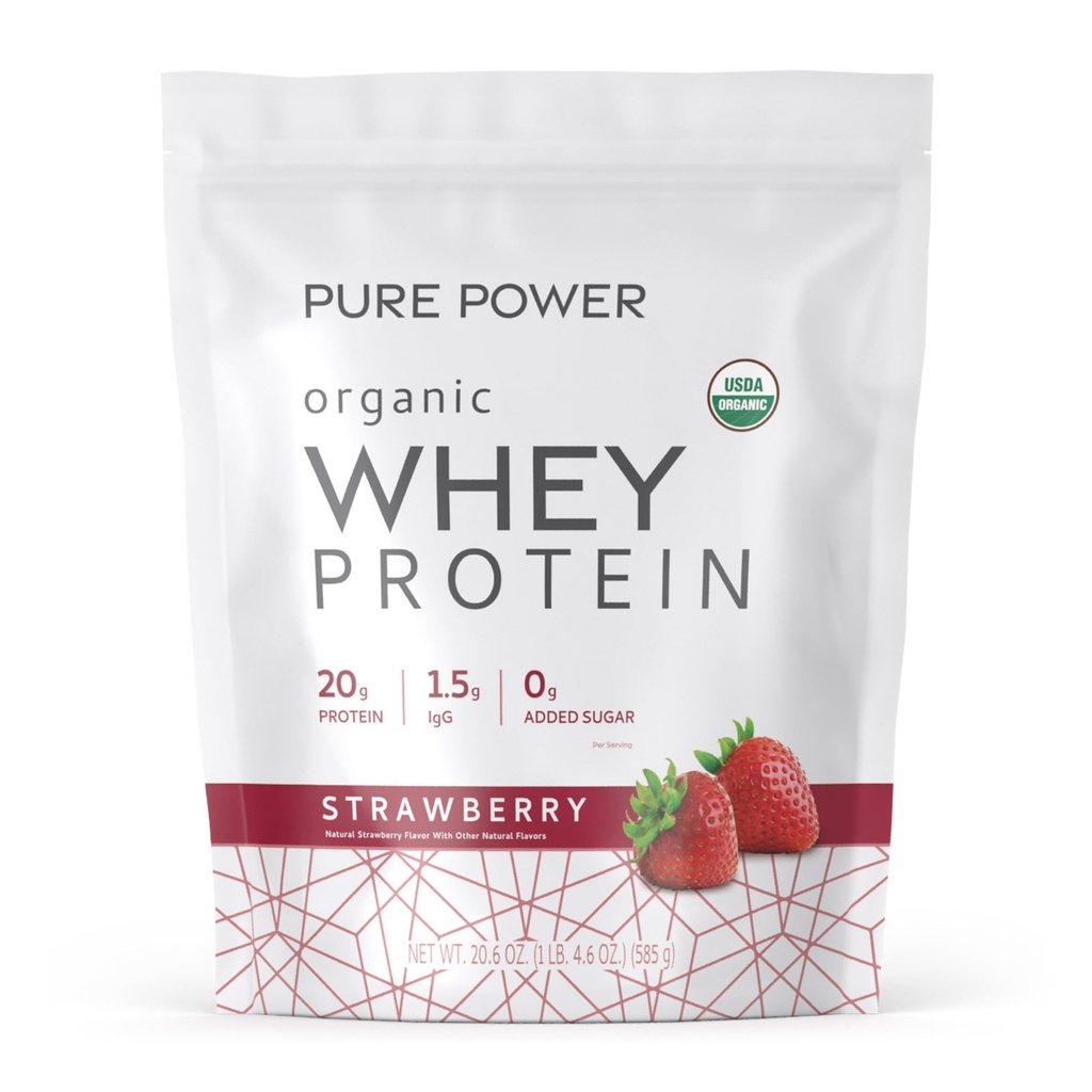 Dr. Mercola Pure Power Organic Whey Protein - 20 g Πρωτεΐνη - Υποστηρίζει την ανάπτυξη των μυών & την ενέργεια - Grass-Fed Whey Concent - 15 εξυπηρετούν (20.60 oz) - Φράουλα