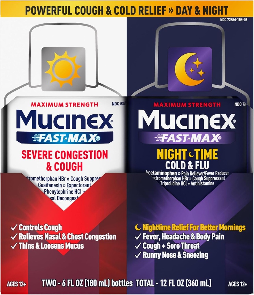 Mucinex Fast-Max & NightShift Combo Pack - Μέγιστη δύναμη βήχα & Κρύο φάρμακα για την ανακούφιση από τη μύξα, τη δυσπεψία στο στήθος, τη Nasνική συμφόρηση, τη δυσπεψία του κόλπου, την πίεση του κόλπου, την ανακούφιση του βήχα Symptom (2x 6 FL OZ)