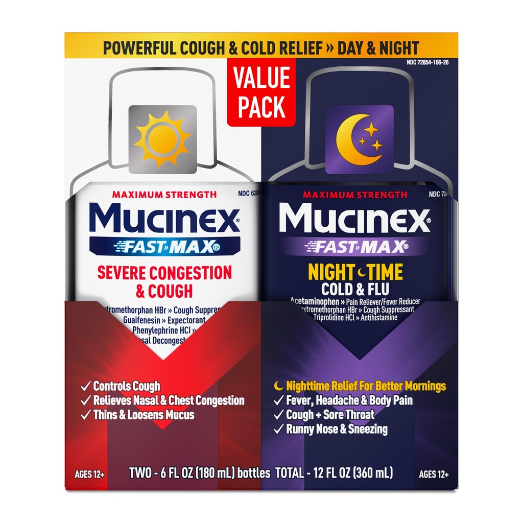 Mucinex Fast-Max & NightShift Combo Pack - Max Strength Cough & Cold Medicines For Mucus Relief, Chest Congestion, Nasal Congestion, Sinus Congestion, Sinus Pressure, Cough Symptom Relief (2x 6 FL OZ)