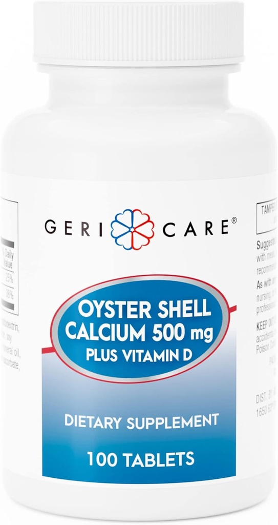 GeriCare Oyster Shell Calcium 500mg + Βιταμίνη D, Υγεία των οστών, Διατροφικό συμπλήρωμα Δισκία, 100 Count (Pack of 1)