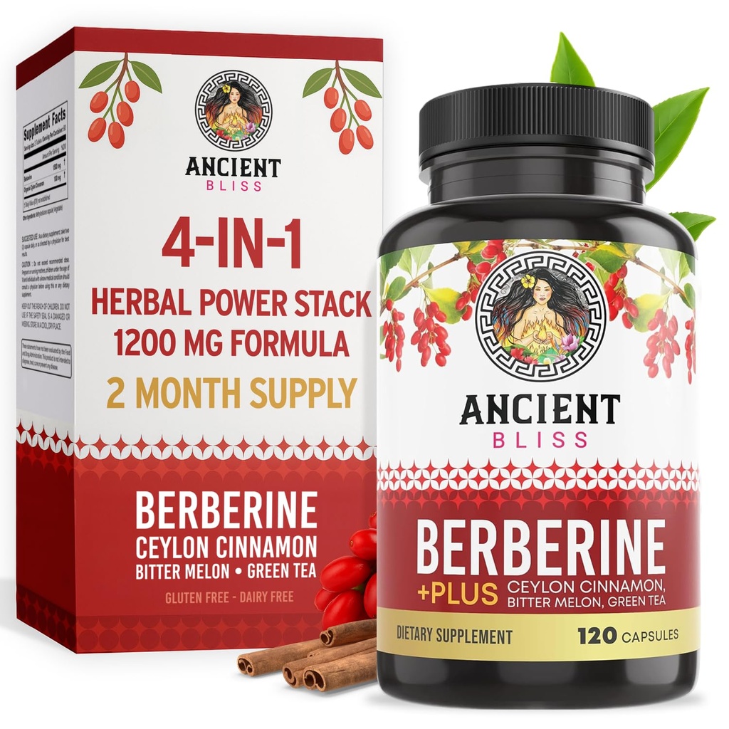 Αρχαία Bliss Βερβερίνη HCL 1200mg με Κεϋλάνη Κανέλα, Πικρό Μελόνι, και Πράσινο Τσάι Εκχύλισμα - 120 Κάψουλες