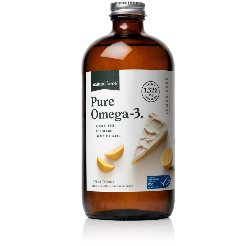 Natural Force Pure Omega 3 - Υγρό ιχθυέλαιο - Delicious Lemon Cake Flavor - Mercury Free, Wild Caught, Lab Tested - 1.326 mg Τριγλυκερίδια EPA, DHA, & DPA - 16 Oz Γυάλινο μπουκάλι