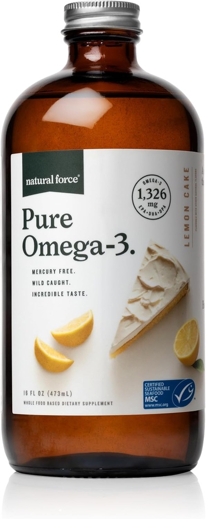 Natural Force Pure Omega 3 - Υγρό ιχθυέλαιο - Delicious Lemon Cake Flavor - Mercury Free, Wild Caught, Lab Tested - 1.326 mg Τριγλυκερίδια EPA, DHA, & DPA - 16 Oz Γυάλινο μπουκάλι