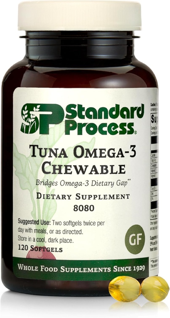 Standard Process Tuna Omega-3 Chewable - Fish Oil Supplement with DHA - Omega-3 Supplement to Support Brain & Eye Health - Excellent Source of Antioxidants - Gluten-Free & Non-Dairy - 120 Softgels