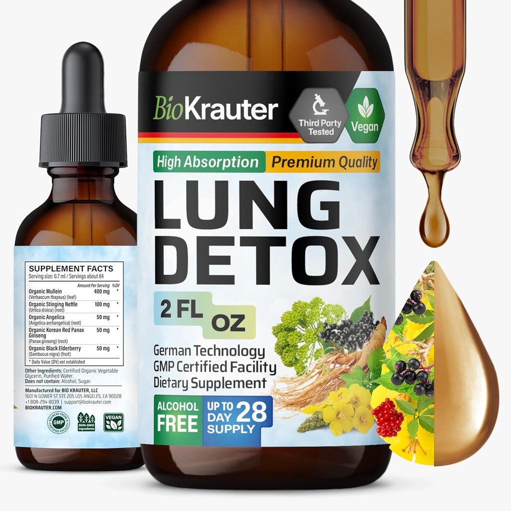 BIO KRAUTER Lung Detox Drops - Pure Vegan Lung Cleanse Liquid Form 2 Fl.Oz 28 Days of Supply - Blend Mullein, Elderberry, Stinging Nettle, Ginseng & Angelica Extracts - Respiratory Support
