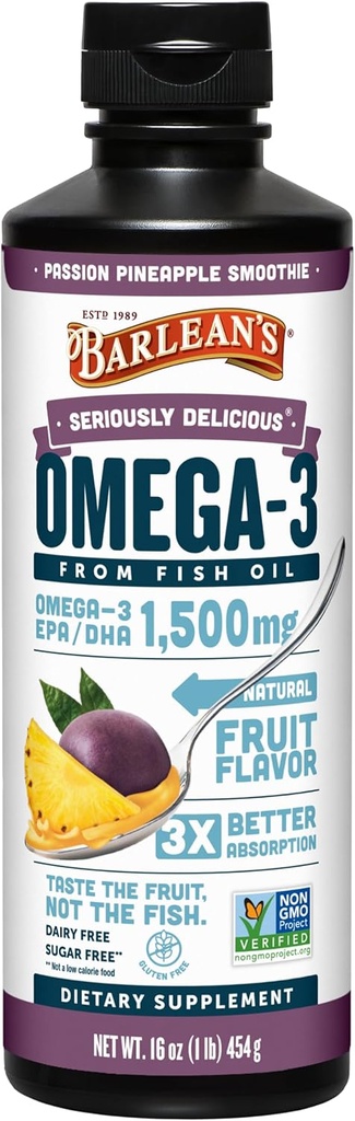 Συμπλήρωμα Omega 3 ιχθυελαίου Barlean για άνδρες και γυναίκες, ανανά πάθους, 1500mg EPA και DHA λιπαρά οξέα, 16 oz