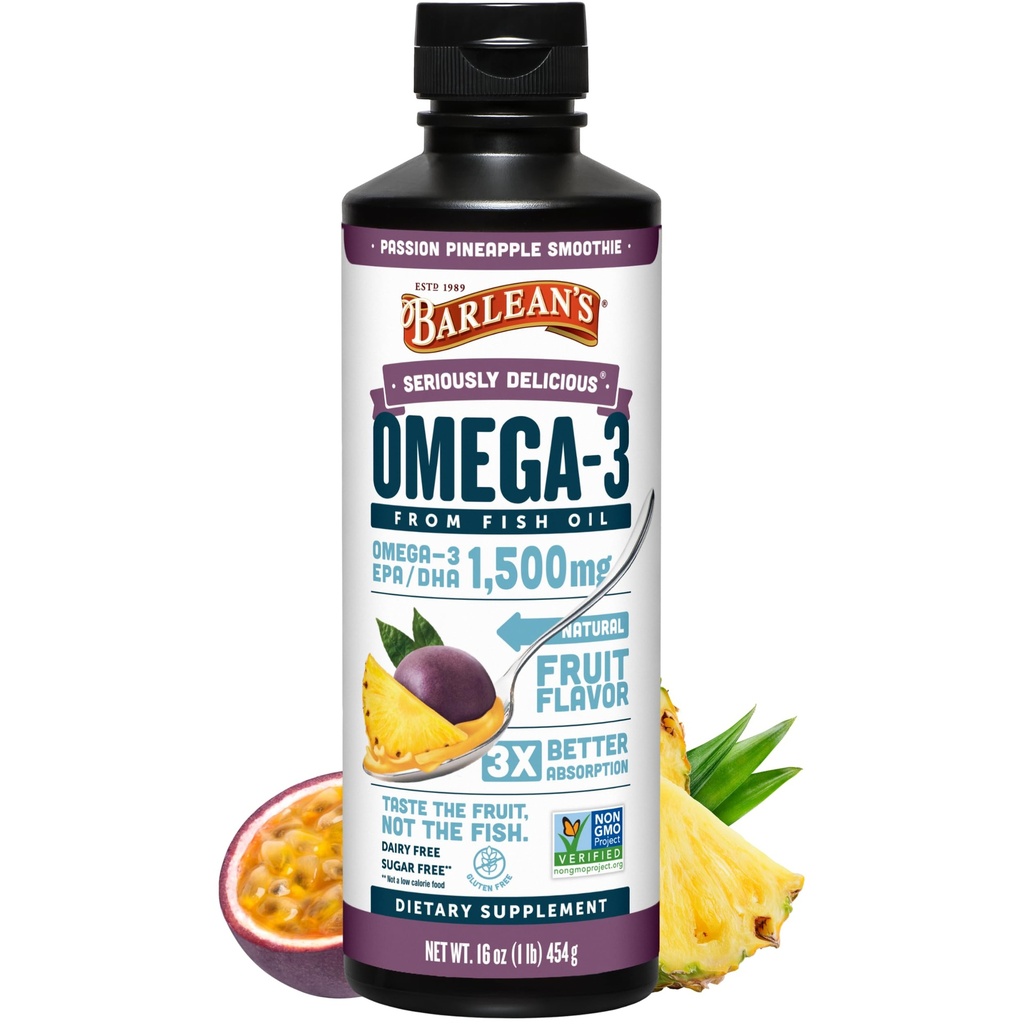 Barlean's Omega 3 Fish Oil Liquid Supplement for Men and Women, 1500mg of EPA and DHA Fatty Acid, Promotes Brain & Heart Health - Non-GMO, Passion Pineapple Smoothie, 16 oz