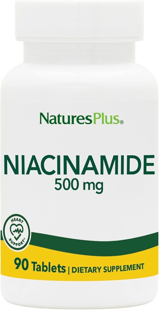 NaturesPlus Νιακιναμίδη - 500 mg, 90 δισκία - Συμπλήρωμα Βιταμίνης Β3 υψηλής ισχύος - Χορτοφαγική, Χωρίς Γλουτένη - 90 Σερβιέτες
