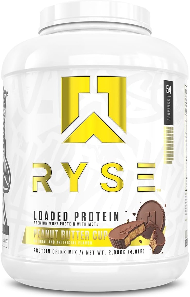 RYSE Loaded Protein Powder - Φυστικοβούτυρο Κύπελλο - 25g Whey Protein Isolate & Concent with Prebiotic Fiber & MCTs - Χαμηλό υδατάνθρακες, χαμηλή ζάχαρη, Digestive-Friendly - 54 Σερβιέτες / 4 lb Tub