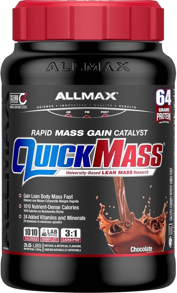 ALLMAX QUICKMASS, Σοκολάτα - 3,5 lb - Ταχεία Μάζα Κερδίστε Καταλύτης - Μέχρι 64 γραμμάρια πρωτεΐνης ανά υπηρεσία - 3:1 Καρβίδια προς αναλογία πρωτεϊνών - Zero Trans λίπος - Μέχρι 24 εξυπηρετούν
