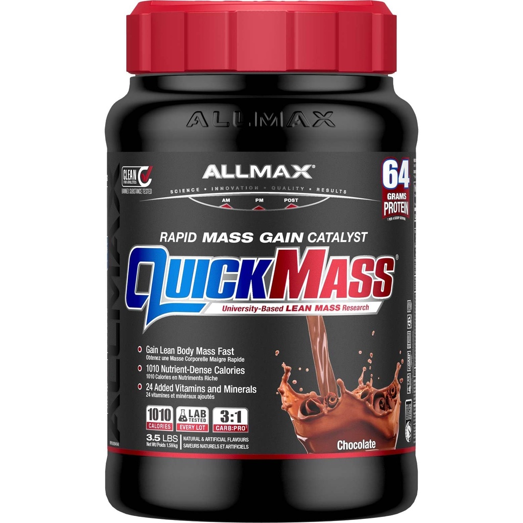 ALLMAX QUICKMASS, Σοκολάτα - 3,5 lb - Ταχεία Μάζα Κερδίστε Καταλύτης - Μέχρι 64 γραμμάρια πρωτεΐνης ανά υπηρεσία - 3:1 Καρβίδια προς αναλογία πρωτεϊνών - Zero Trans λίπος - Μέχρι 24 εξυπηρετούν