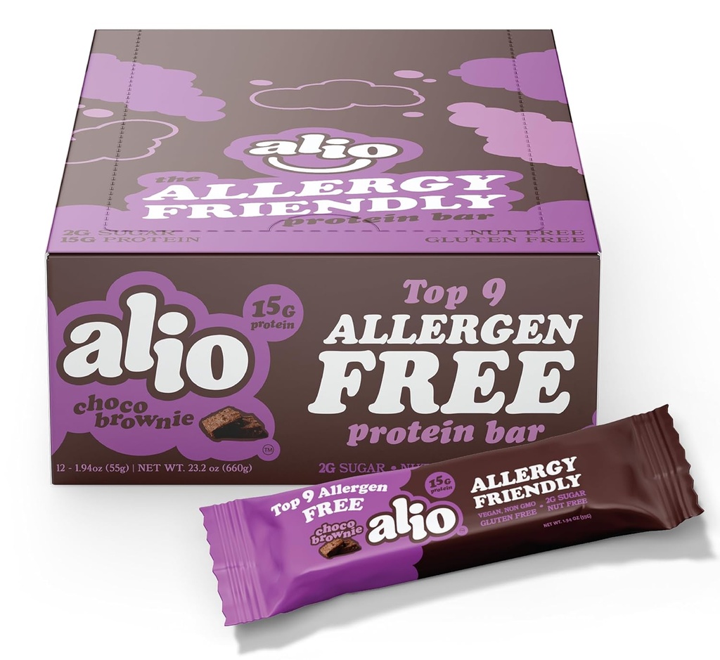 Alio Protein Bars - Choco Brownie (12 Bars) – Free From The Top 9 Food Allergens, High Protein, Low-Calory, Vegan, Gluten-Free, Nut-Free, Non-GMO, Plant-Based, Seed Oil Free, Delicious & Healthy Snack