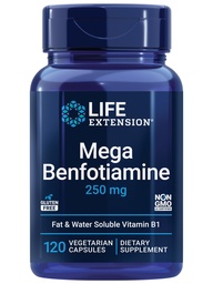 Επέκταση ζωής Mega Benfotiamine, 250 mg, μια λιποδιαλυτή μορφή θειαμίνης, Υγιής Μεταβολισμός, Υπερβιοδιαθέσιμη βιταμίνη Β1, υψηλή ισχύς, χωρίς γλουτένη, μη ΓΤΟ, χορτοφάγοι, 120 κάψουλες