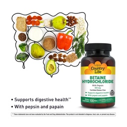 Country Life Betaine Hydrochloride με Pepsin, 600mg, 100 δισκία, Certified Gluten Free