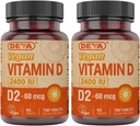 DEVA Vegan Vitamin D2 60 mcg 2400 IU, συμπλήρωμα εργοκαλσιφερόλης χωρίς συστατικά ζώων, 90 δισκία (πακέτο του 2)