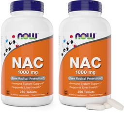 NOW Foods NAC 1000 mg, 250 δισκία (Pack of 2), N- Acetyl- Cysteine Supplement, 1000mg (1 γραμμάριο) ανά δισκίο - χορτοφαγικά, μη ΓΤΟ