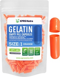 XPRS Nutra Μέγεθος 1 Κενές κάψουλες - 100 Count Empty Gelatin Κάψουλες - Χάπια DIY Καψάκιο Γέμισμα - Καθαρά Καπάκια τζελ Μπόβιν Χάπι για Συμπληρώματα Do-It-Yourself (Orange)