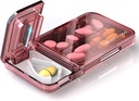 Travel Pill Organizer with Pill Cutter Splitter, 4 Compartments Pill Case, Small Pill Box for Pocket Purse, Daily Pill Container to Hold Vitamins Cod Liver Oil Supplements, Medicine Planner (Pink)