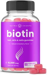 NutraChamps Biotin Gummies 10000mcg [High Potency] για υγιή μαλλιά, δέρμα & νύχια Βιταμίνες για γυναίκες, άνδρες & παιδιά - 5000mcg σε κάθε βιταμίνη μαλλιών Gummy - Vegan, μη-GMO, συμπλήρωμα υγείας μαλλιών