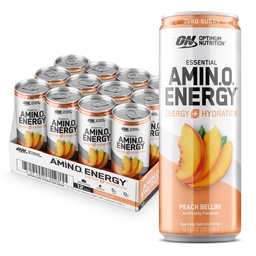 Optimum Nutrition Amino Energy Αφρώδης Ποτό ενυδάτωσης, ηλεκτρολύτες, καφεΐνη, Αμινοξέα, BCAAs, Χωρίς ζάχαρη, Ροδάκινο Bellini, 12 Fl Oz, 12 Pack (Συσκευασία Μαΐου Vary)