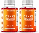Vitamatic Vitamin D3 & K2 Gummies (2-Pack, 60 Count) Υποστηρίζει υγιή οστά, την υγεία της καρδιάς, την απορρόφηση ασβεστίου, και ανοσοποιητική λειτουργία Plant-based, μη-GMO, χωρίς γλουτένη