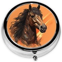 Πορτοκαλί φόντο με Horse Head Pill Box Metal Round Small Pill Υπόθεση Χαριτωμένο 3 Διαμέρισμα Pill Organizer Φορητό Travel Pillbox Mini Pill Container Holder για την καθημερινή ιατρική συμπλήρωμα βιταμίνης