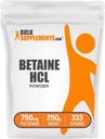 BulkSupplements.com Betaine HCl Powder - Συμπλήρωμα υδροχλωρικού βεταΐνης, Digestive Support - Χωρίς γλουτένη, 750mg ανά Σερβίρισμα, 250g (8,8 oz) (πακέτο του 1)