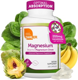 Zahler - Μαγνήσιο Συμπληρώματα κάψουλες 200 mg (250 Count) Certified Kosher Bioactive Magnesium Citrate for Max Absorption - Φυσικό Μαγνήσιο Ορυκτό για άνδρες & γυναίκες - Best Magnesium Συμπληρώματα