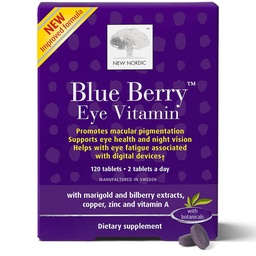 NEW NORDIC Blue Berry Eye Vitamin Lutein Supplement with Zinc, Supports Macular Pigmentation, Eye & Vision Function, 120 Tablets (Pack of 1)