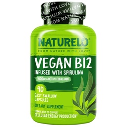 NATURELO Vegan B12 - Μεθύλιο B12 με οργανική σπιρουλίνα - Υψηλή ισχύς Βιταμίνη B12 1000 mcg Methylcobalamin - Υποστηρίζει υγιή διάθεση, ενέργεια, καρδιά και την υγεία των ματιών - 90 κάψουλες
